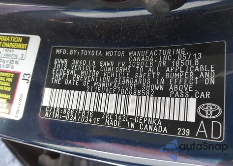 2013 Toyota Corolla Le from USA, damaged, VIN 2T1BU4EE7DC088582